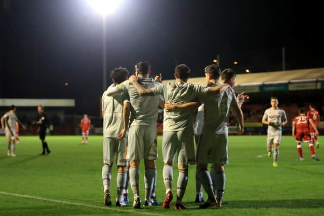 ON THE UP? Bradford City's Lee Novak celebrates scoring at Crawley Town. Picture: Adam Davy/PA