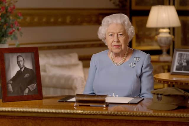 The Queen during her VE Day speech - one of three major addresses delivered by Her Majesty from Windsor Castle.