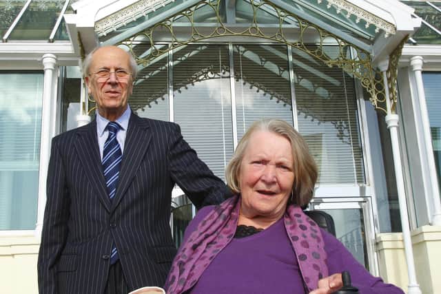Lord Tebbit and his wife Margaret stand outside the Grand Hotel in Brighton, East Sussex on the 25th anniversary of the bombing of the building by the IRA on October 12, 1984.