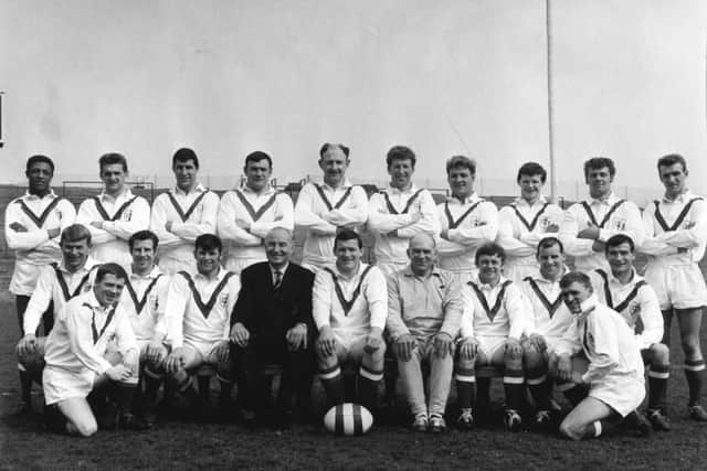 World Cup star: The 19-man Great Britain squad for the 1968 World Cup in Australia and New Zealand: Back row, from left: Clive Sullivan, Bob Haigh, John Warlow, Cliff Watson, Ray French, Mick Clark, Arnold Morgan, Mick Shoebottom, Kevin Ashcroft, Chris Young.

Front row: Charlie Renilson, Ian Brooke, Peter Flanagan, Mr. W, Fallowfield (team manager), Neil Fox, Colin Hutton, Roger Millward, Bev Risman, Alan Burwell.
Kneeling: Tommy Bishop and Derek Edwards.