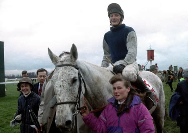 Janice Coyle leads in Richard Dunwoody and Desert Orchid after the 1990 King George Chase.