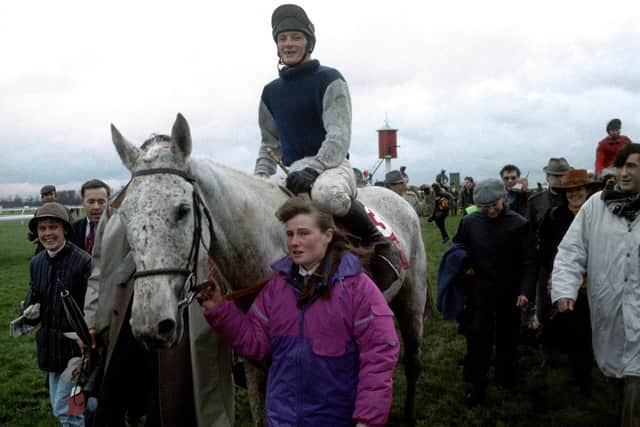 This was Richard Dunwoody on Desert Orchid after the grey's fourth King George triumph 30 years ago.