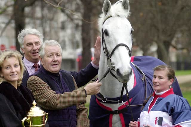 David Elsworth and Desert Orchid at an event in London in 2000 to mark the 50th King George Chase.