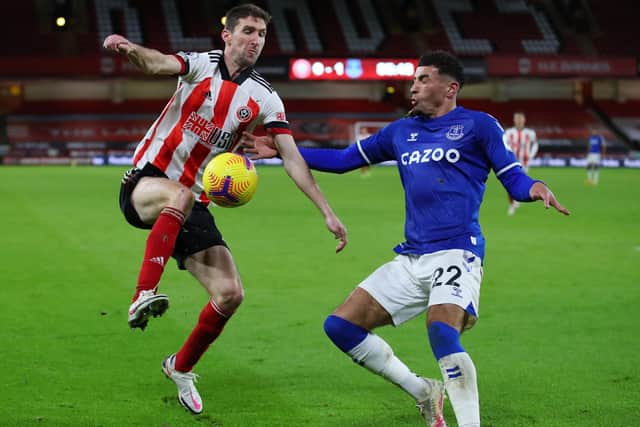 Chris Basham of Sheffield Utd tackled by Ben Godfrey of Everton (Picture: Simon Bellis/Sportimage)