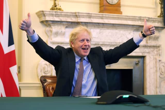 Boris Johnson's reaction in 10 Downig Street when the Brexit trade deal with the EU was sealed on Christmas Eve.
