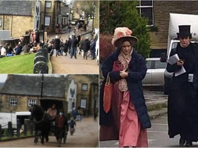 The cast of award-winning drama Gentleman Jack were spotted filming in Fulneck village in Leeds this week. (photos: Bruce Newton and Claire Newman).