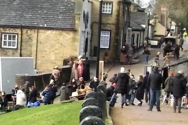 The cast of award-winning drama Gentleman Jack were spotted filming in Fulneck village in Leeds this week (photo: Bruce Newton).