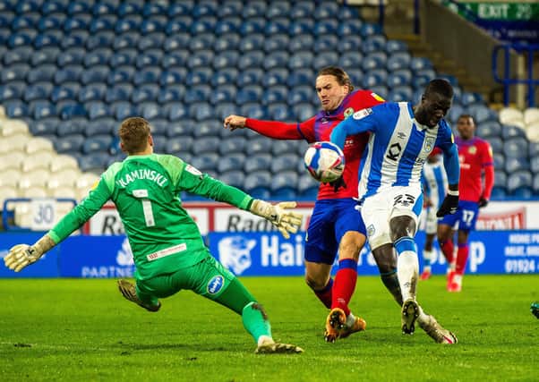 Naby Sarr scores his second and 
Huddersfield Town's winning goal against Blackburn Rovers on Tuesday.  Picture Bruce Rollinson