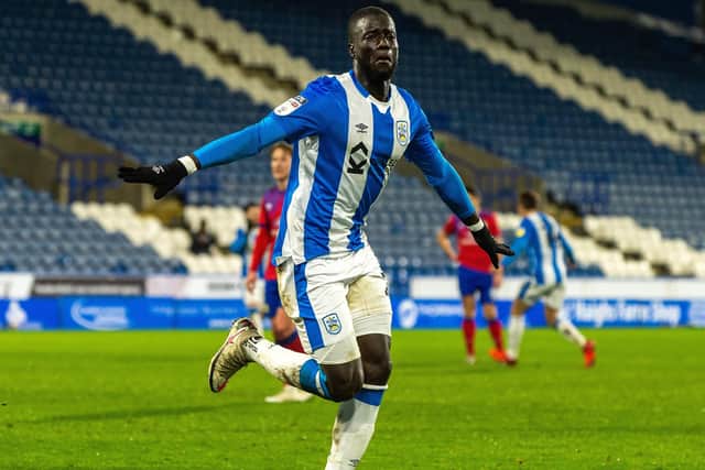 Naby Sarr celebrates scoring the winner for
Huddersfield Town against Blackburn Rovers. Picture: Bruce Rollinson