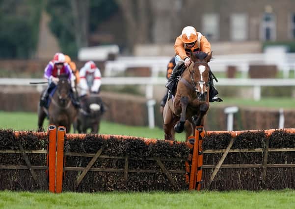 CATCH ME IF YOU CAN: Metier and Sean Bowen clear the last to win The Unibet Tolworth Novices’ Hurdle Sandown Park. Picture: Alan Crowhurst/PA.