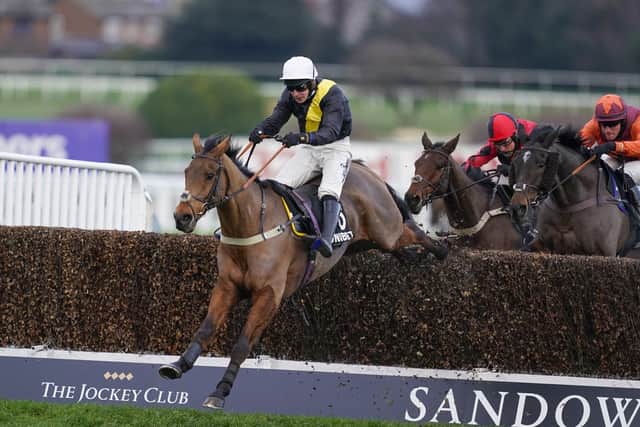 Seeyouatmidnight and Ryan Mania (left) clear the last to win The Unibet Veterans' Handicap Chase at Sandown Park. Picture: Alan Crowhurst/PA