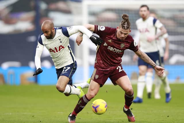 Tussle: Tottenham Hotspur's Lucas Moura and Leeds United's Kalvin Phillips compete.