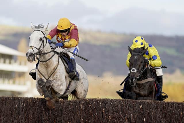 Ramses de Teillee ridden by jockey Tom Scudamore (left) clear the last to win The Planteur At Chapel Stud Handicap Chase from jockey Bryony Frost and Yala Enki at Cheltenham's November meeting. They reoppose in this weekend's Welsh Grand National.