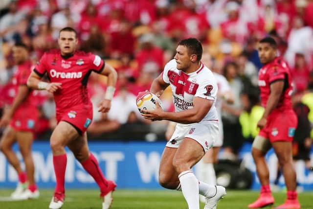 England's Ryan Hall in action against Tonga in Auckland in the 2017 World Cup semi-final. (Andrew Cornaga/SWpix.com/PhotosportNZ)