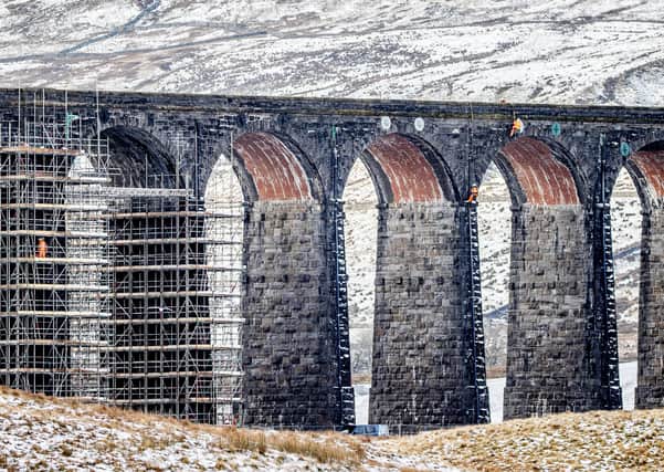 Engineers working on the iconic Ribblehead Viaduct this week. ByLine: Charlotte Graham. Copyright: ©2020 CAG Photography Ltd.