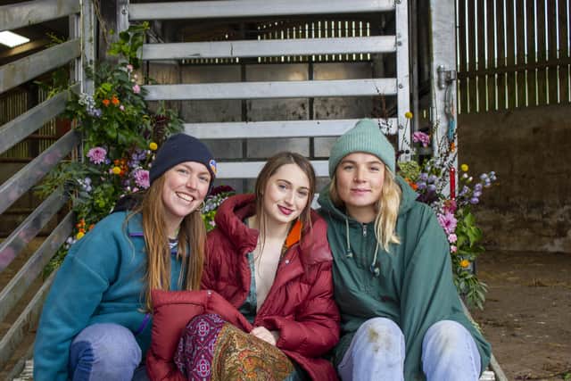 From left: Sarah, Isla and Ellie on the shoot on Sarah's farm.
