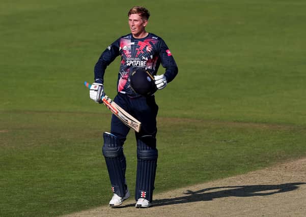 Zak Crawley of Kent celebrates after reaching his century during the T20 Vitality Blast 2020 between Hampshire and Kent Spitfires at The Ageas Bowl on September 14, 2020 in Southampton, England. (Picture: Naomi Baker/Getty Images)