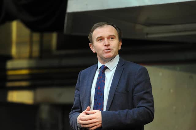 16 March 2017....... Farming Minister George Eustice speaks to farmers at Skipton Auction Mart. Picture Tony Johnson.