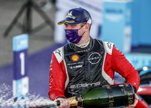 Winner: Oliver Rowland celebrates his maiden Formula E victory in Berlin last season. Picture: Sam Bloxham/Motorsport Images