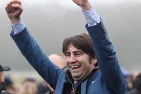 Christian Williams celebrates the 2019 Welsh Grand National win of Potters Corner.