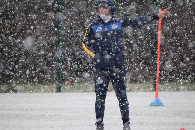Sean Long training in the snow yesterday (Picture: Phil Daly/Leeds Rhinos)