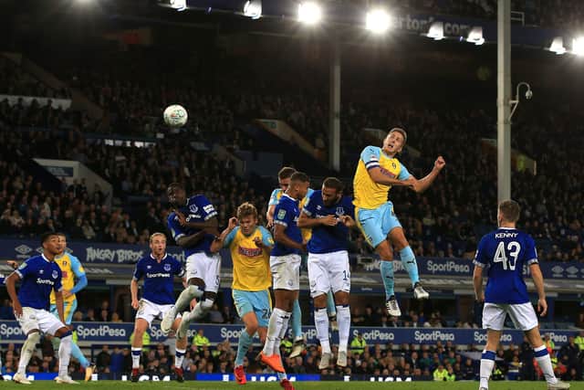 Rotherham United's Will Vaulks (right) scores against Everton in the Carabao Cup at Goodison Park back in August 2018, the Millers losing out 2-1. Picture: Peter Byrne/PA
