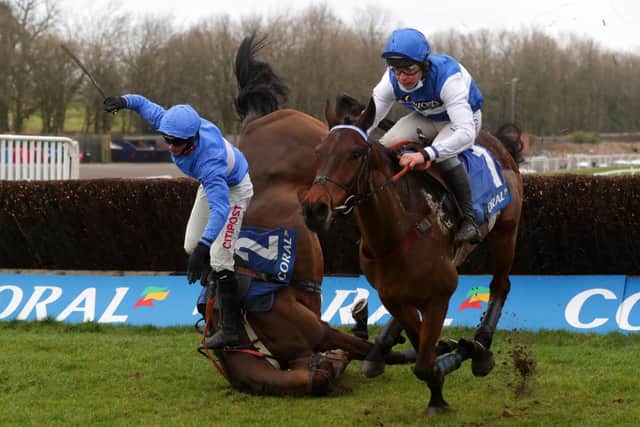 This was Adam Wedge's first fall on Coral Welsh Grand National - Espirit Du Large gallped away from the incident unscathed.