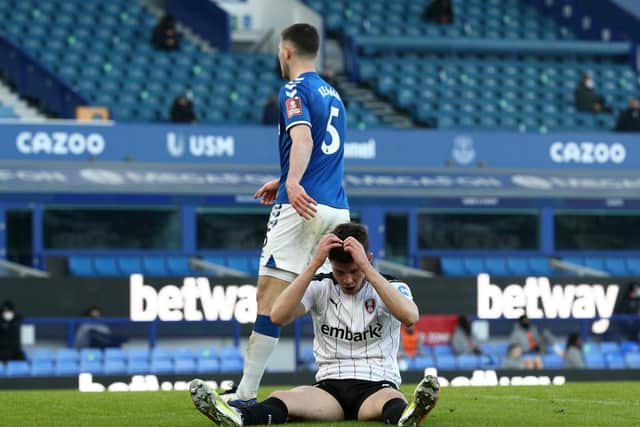 George Hirst of Rotherham United reacts after a missed chance at Goodison Park. (Photo by Jan Kruger/Getty Images)