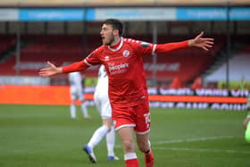 Crawley player Ashley Nadesan celebrates his goal against Leeds. Picture by Simon Hulme