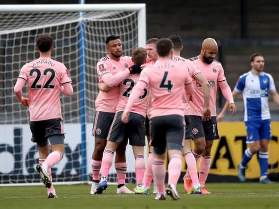 OPENER: Sheffield United players react after scoring their first goal at Bristol Rovers. Picture: Nick Potts/PA Wire.