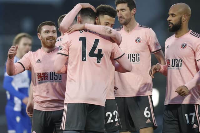 Oliver Burke of Sheffield United celebrates scoring the second goal during the FA Cup tie at Bristol Rovers (Picture: Darren Staples/Sportimage)