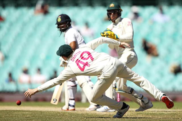 Steve Smith of Australia dives for the ball during day five of the Third Test match. (Picture: Mark Kolbe/Getty Images)