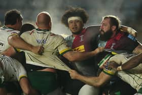 Harlequins' Elia Elia and Joe Marler as a scrum breaks up during the Gallagher Premiership Rugby match against London Irish at Twickenham Stoop on January 10. (Photo by Steve Bardens/Getty Images)
