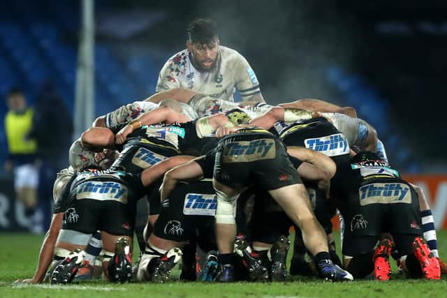 Bristol Bears' Nathan Hughes looks on at the back of the scrum during the Gallagher Premiership Rugby match against Exeter Chiefs at Sandy Park on January 9. (Photo by David Rogers/Getty Images)