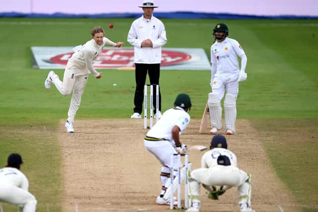 THIRD MAN: England's Joe Root bowls during the third Test match at the Ageas Bowl last summer. Picture: Mike Hewitt/NMC Pool/PA