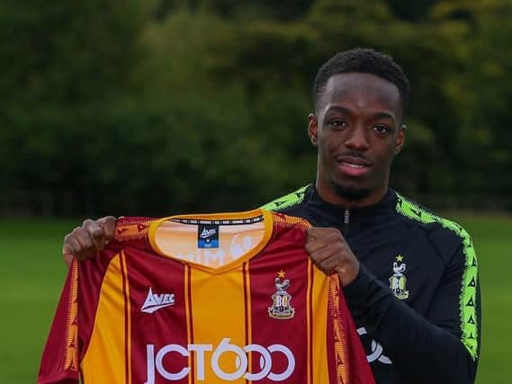 Austin Samuels, pictured at his unveiling at Bradford City in October. Picture courtesy of Bradford City AFC.