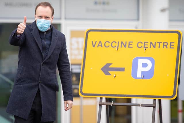 Health Secretary Matt Hancock during a visit to the NHS vaccine centre that has been set up in the grounds of the horse racing course at Epsom in Surrey. The centre is one of the seven mass vaccination centres now opened to the general public as the government continues to ramp up the vaccination programme against Covid-19. Photo: PA