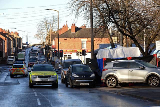 The scene at Wath Road, Mexborough, on Tuesday following the death of a 20-year-old man in what policed said was a "targeted" shooting. Picture: Marie Caley