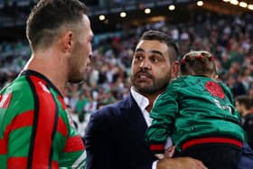Greg Inglis, right, with South Sydney team-mate Sam Burgess after retiring in 2019. (Photo by Cameron Spencer/Getty Images)