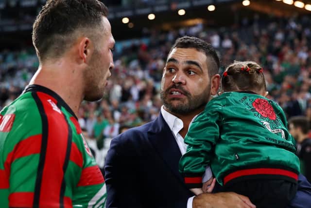 Greg Inglis, right, with South Sydney team-mate Sam Burgess after retiring in 2019. (Photo by Cameron Spencer/Getty Images)