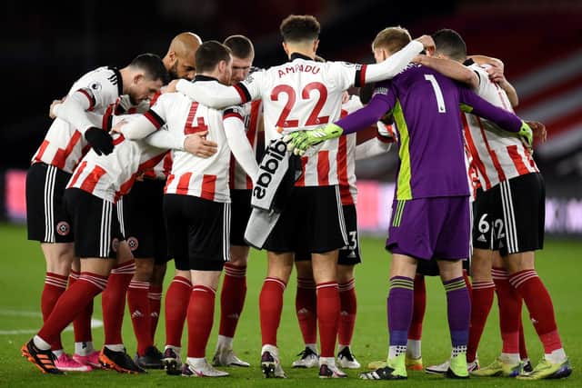 Sheffield United team huddle prior to the Premier League clash with Newcastle United at Bramall Lane. Picture: Oli Scarff/PA.