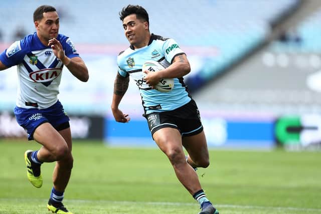 Sosaia Feki runs in for a try for Cronulla Sharks against Canterbury Bulldogs in September 2018. Picture: Mark Metcalfe/Getty Images.