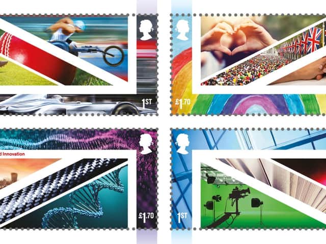 The set of four new stamps which are being issued to celebrate the UK's achievements in areas such as sport and technology