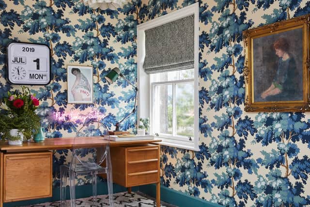 The study with Sandberg's Raphael wallpaper, a mid-century desk and Pants picture by Shuby