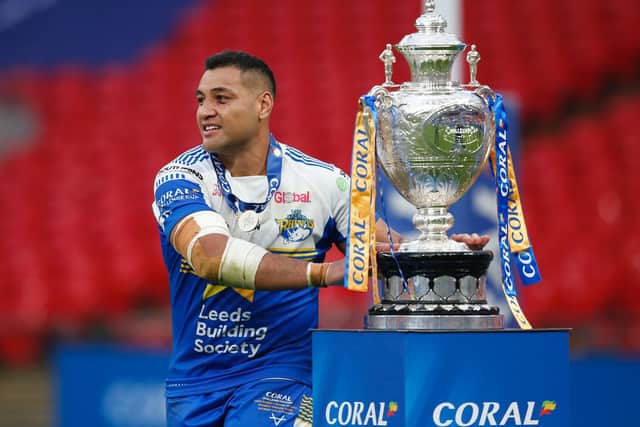 Leeds Rhinos' Ava Seumanufagai with the Challenge Cup at Wembley. He has now left the club and been replaced by King Vuniyayawa. (Ed Sykes/SWpix.com)