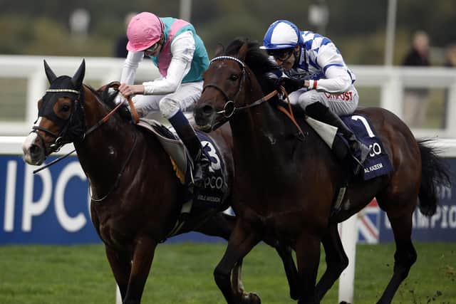 This was Noble Mission (left) winning the 2014 Qipco Champion Stakes for Prince Khalid Abdullah, Lady Jane Cecil and jockey James Doyle.