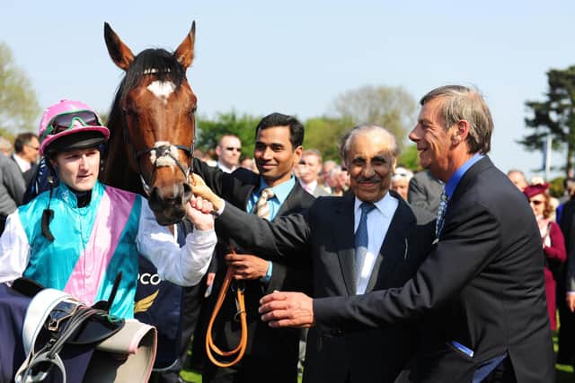Owner-breeder Prince Khalid Abdullah (second right) is pictured with racing superstar Frankel in 2011  - and the horse's late trainer Sir Henry Cecil.