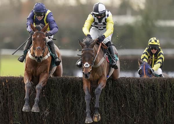 Next Destination and Harry Cobden (right) clear the last at Warwick alongside Fiddlerontheroof and Jonjo O'Neill junior (left) in the Grade Two Hampton Novices' Chase.