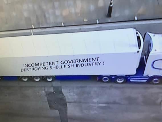 One of the trucks taking part in Monday's protest in London