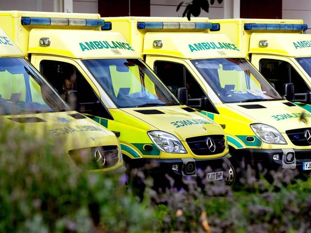 Ambulances lined up outside a Yorkshire hospital. Photo: James Hardisty